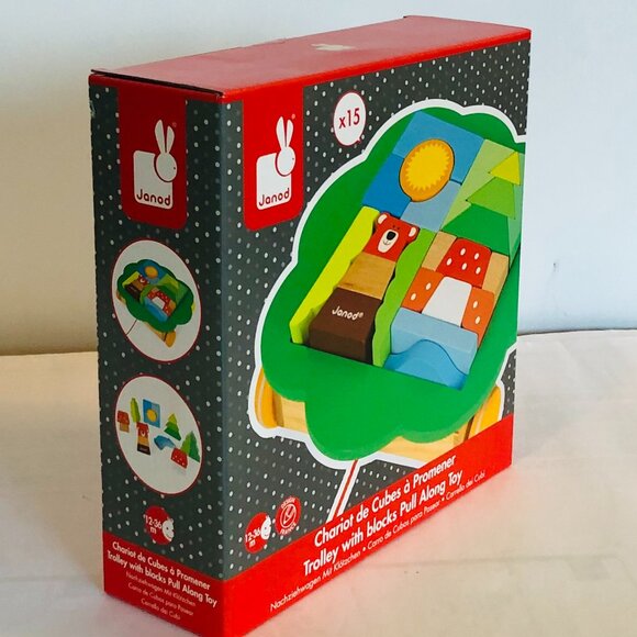 Janod Wooden Trolley with Blocks Pull  Along Toy Brand New - Picture 7 of 11